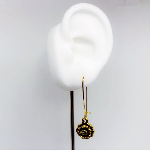 Artisan Handcrafted Antiqued Brass Long Kidney Wire Detailed Rose Earrings! - Picture 3 of 7